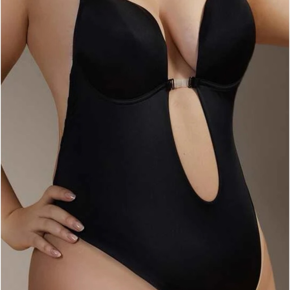 Cut Out Transparent Strap Plunging Neck Shapewear Bodysuit black